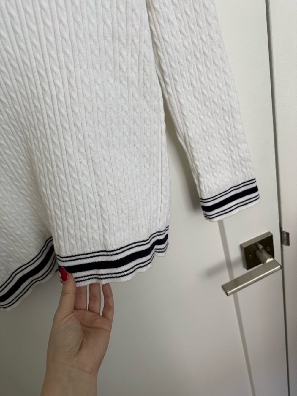 Vintage Lauren Ralph Lauren - Cable Knit Cardigan - Cream with Navy Trim - Picture 9 of 11